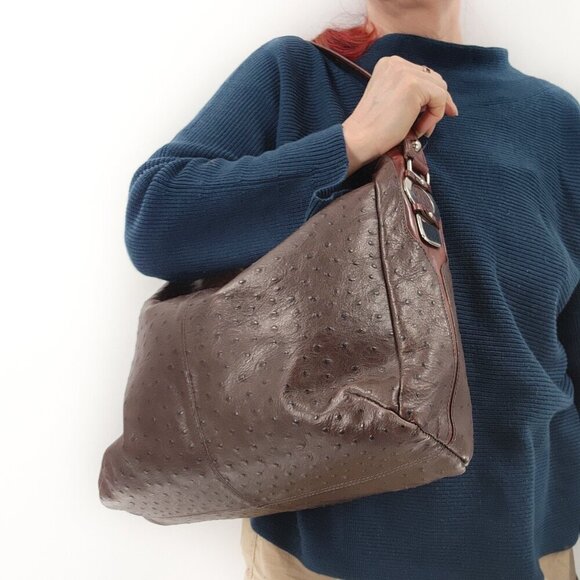 DONALD J PLINER Ostrich Embossed Leather Handbag Shoulder Bag Brown - Picture 4 of 8